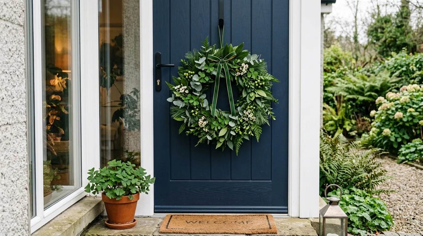 Minimal greenery wreath with St. Patrick's Day touches